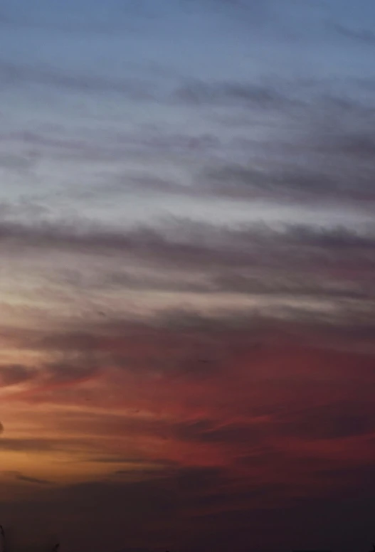 the plane is flying high in the evening sky