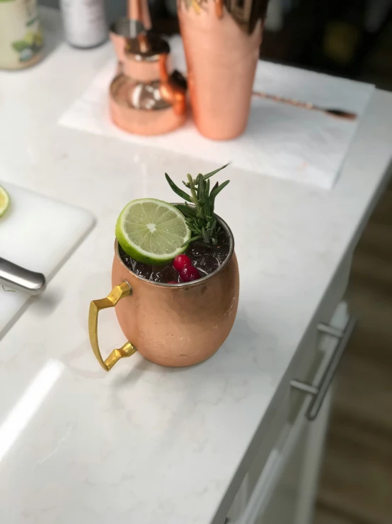 an copper mug filled with various types of fruit and greens