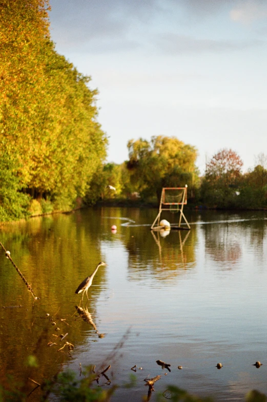 there is a chair in the middle of a lake