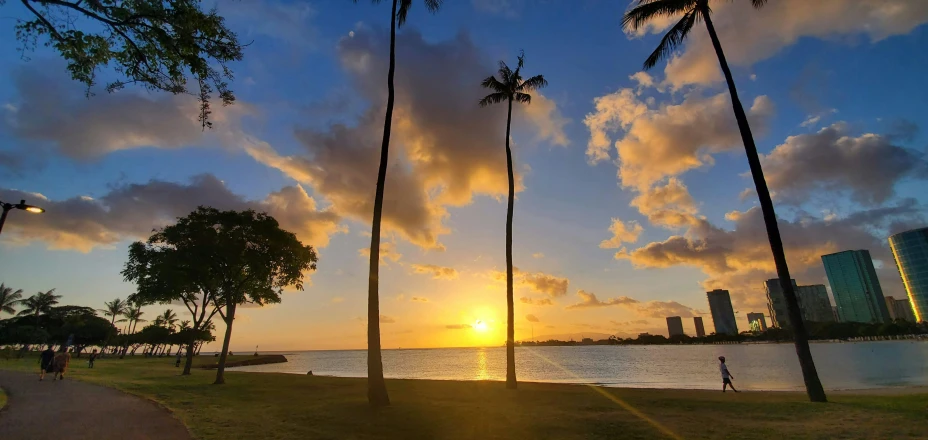 the sun is rising on a tropical beach