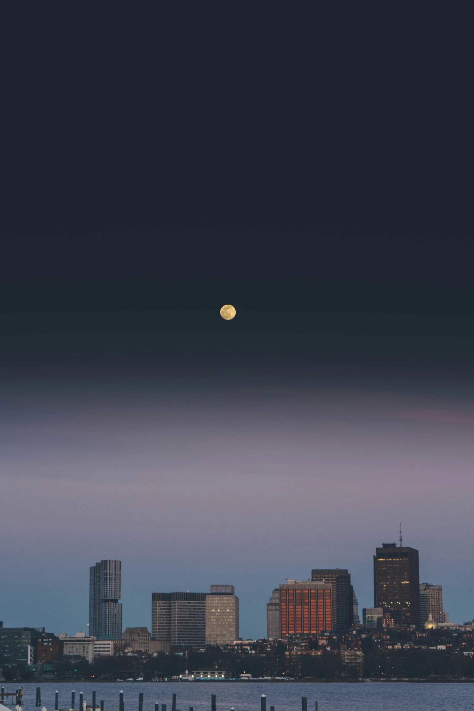 some large city buildings at the water with an airplane in the sky