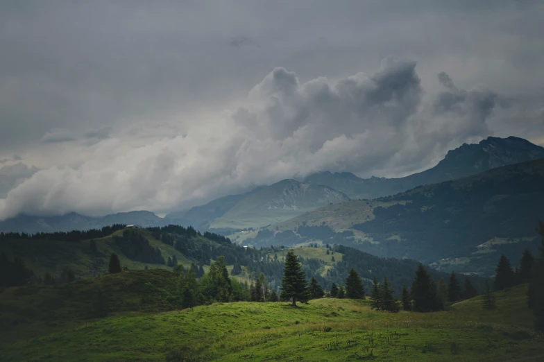 some mountains under cloudy skies with grass