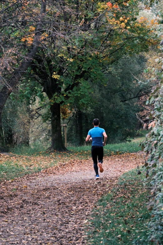 a man is jogging on a trail in the woods