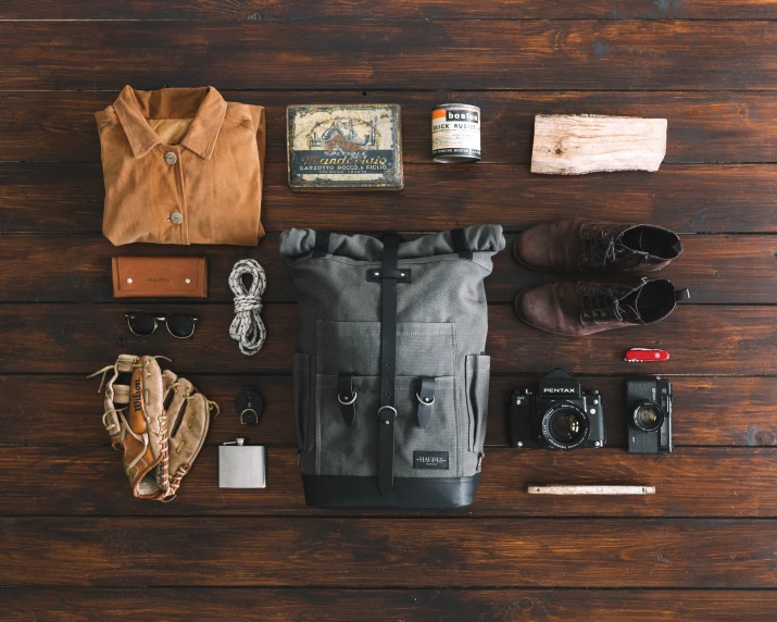 a bag, hat, and other things sitting on the table