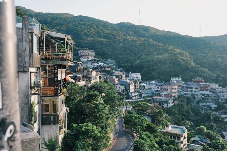 the mountains are full of many buildings in the distance