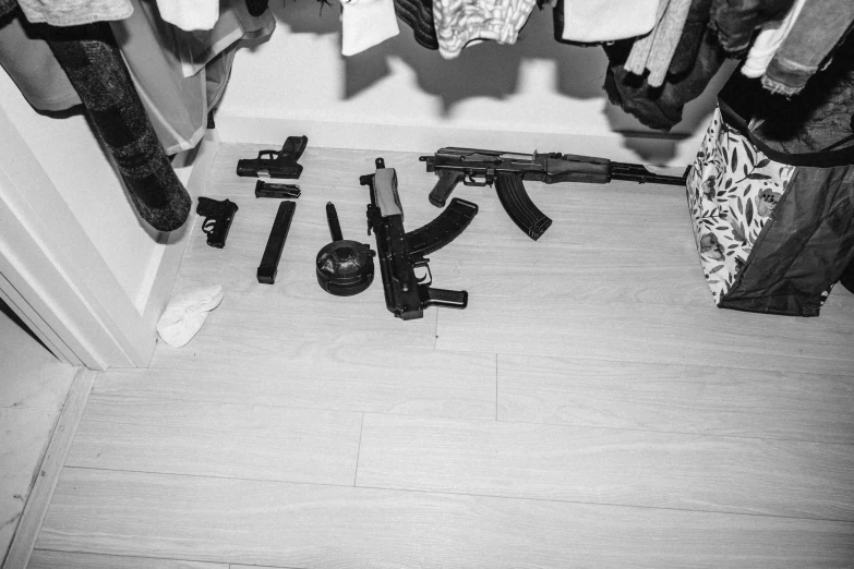 black and white picture of various items on the floor