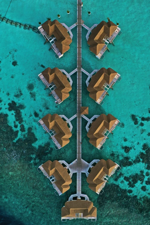 several identical buildings on a floating island in the water