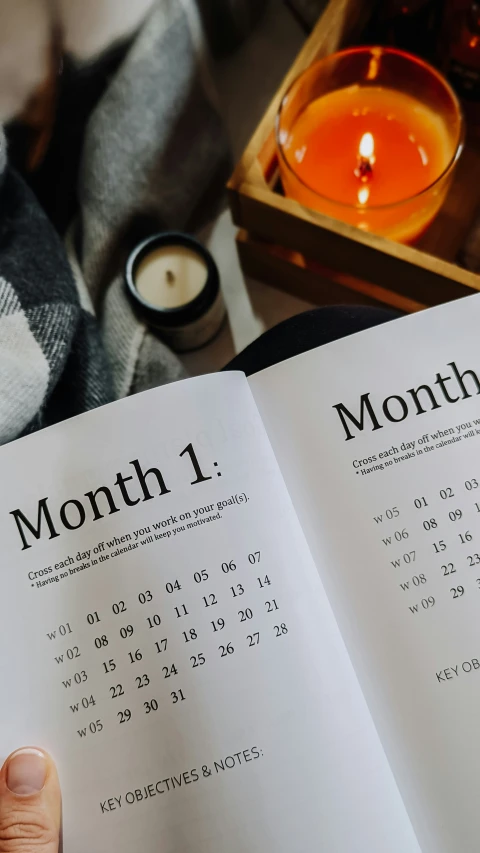 a person holding up a calendar book to view it