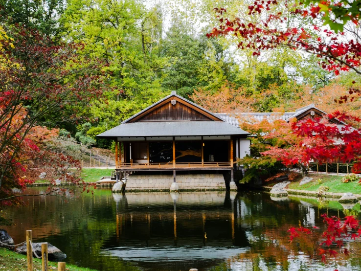 a water way with a gazebo and some water