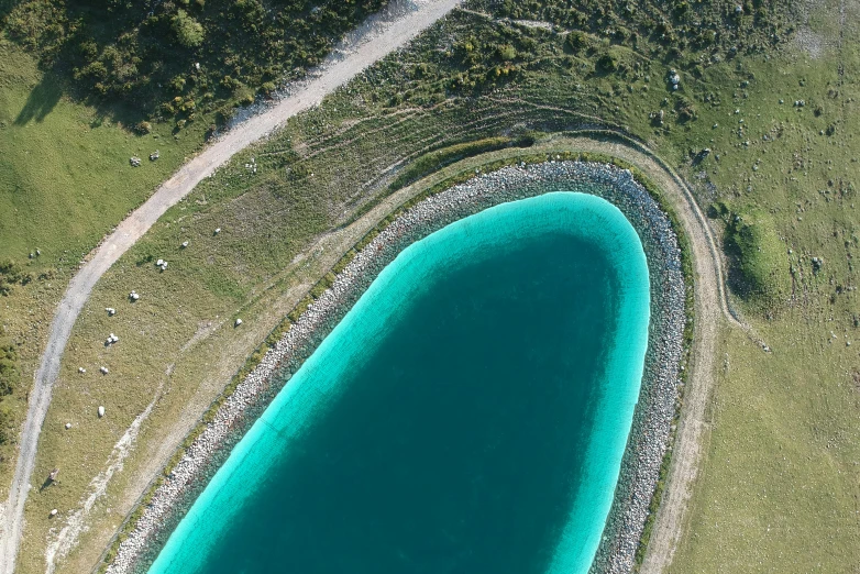 an aerial view of clear water and trees