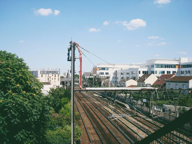 a view of the railroad tracks from a bridge