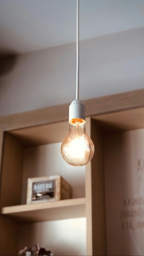 light bulb that is on above the bookcases
