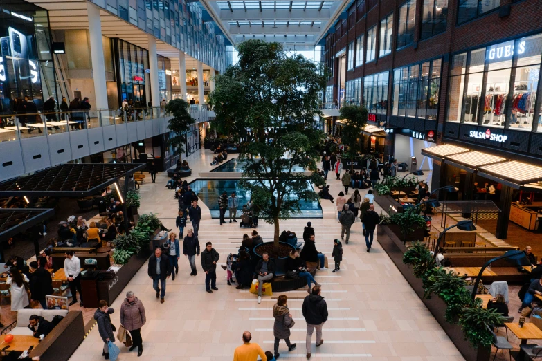 a huge atrium area with people walking around