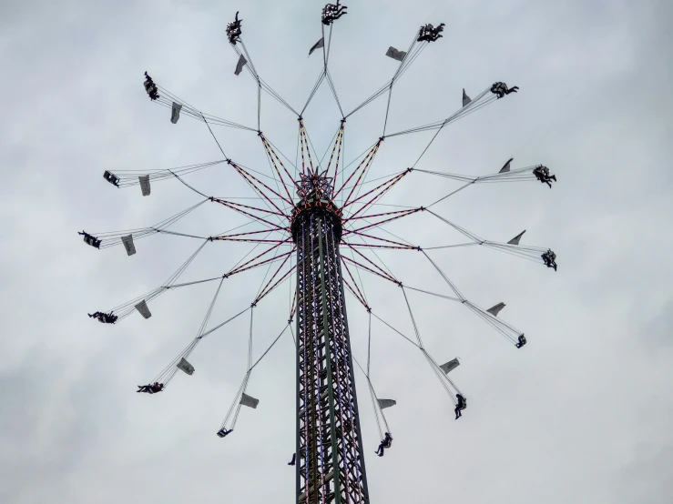 a large ferris wheel with birds flying over it