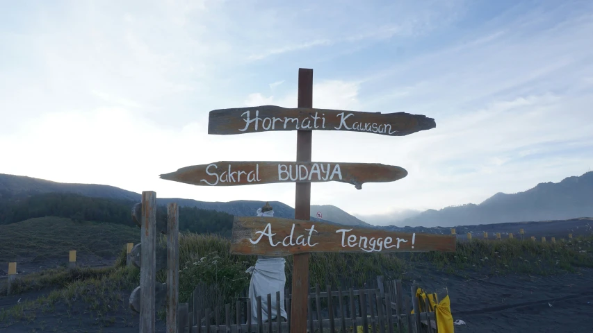 a wooden pole with a bunch of wooden signs on top of it