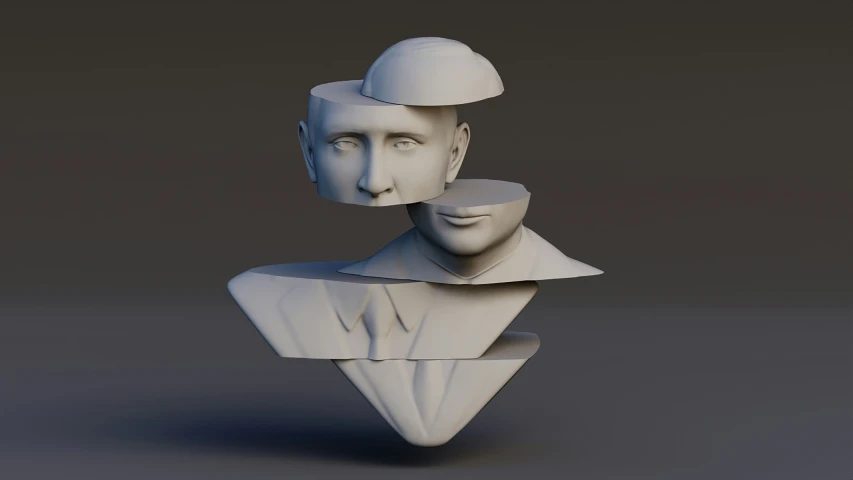 an abstract 3d image of a person with two faces and a hat