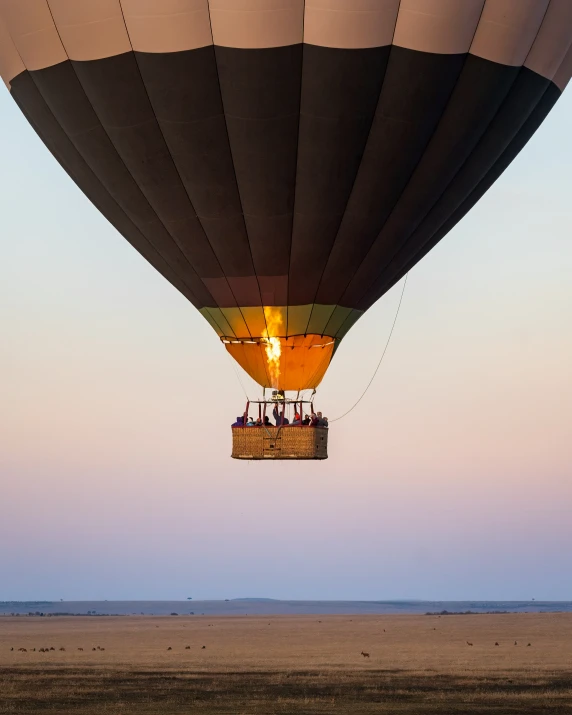 an air balloon that has a small group of people inside it