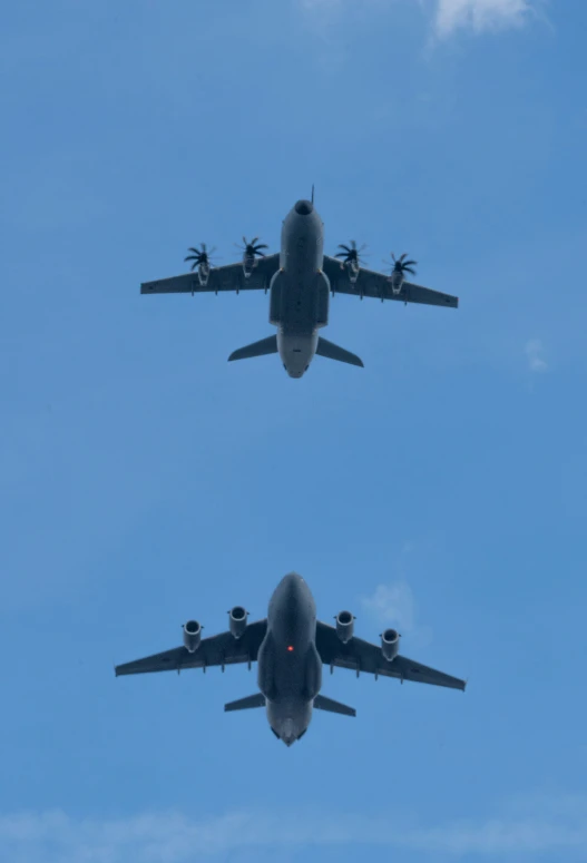 a pair of large air planes flying in the sky