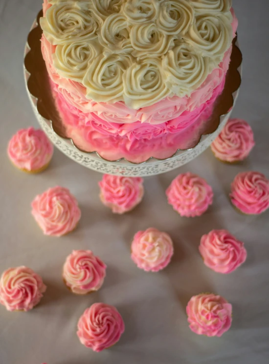 pink frosted roses on a white surface next to a cake