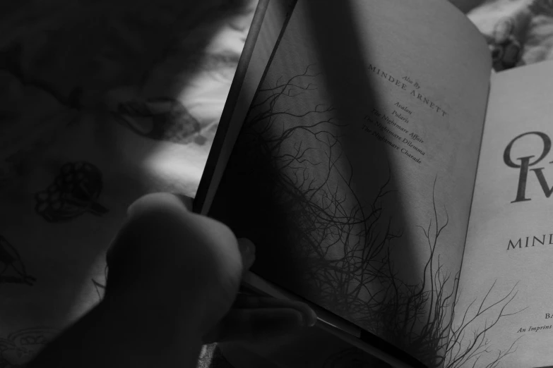 a person holds a book open in the dark