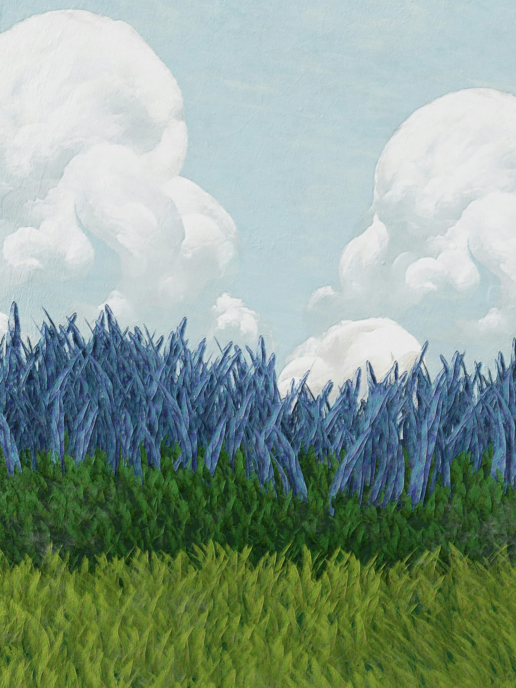 a painting with some blue brush and clouds