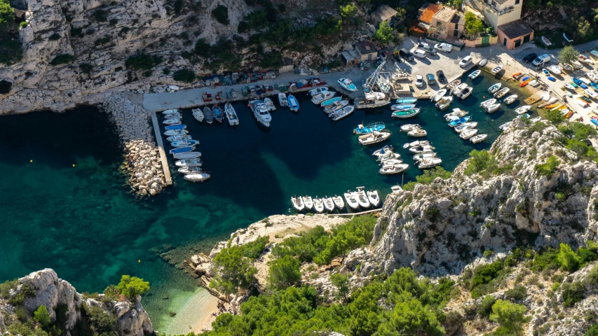 a marina in the middle of a rocky hill