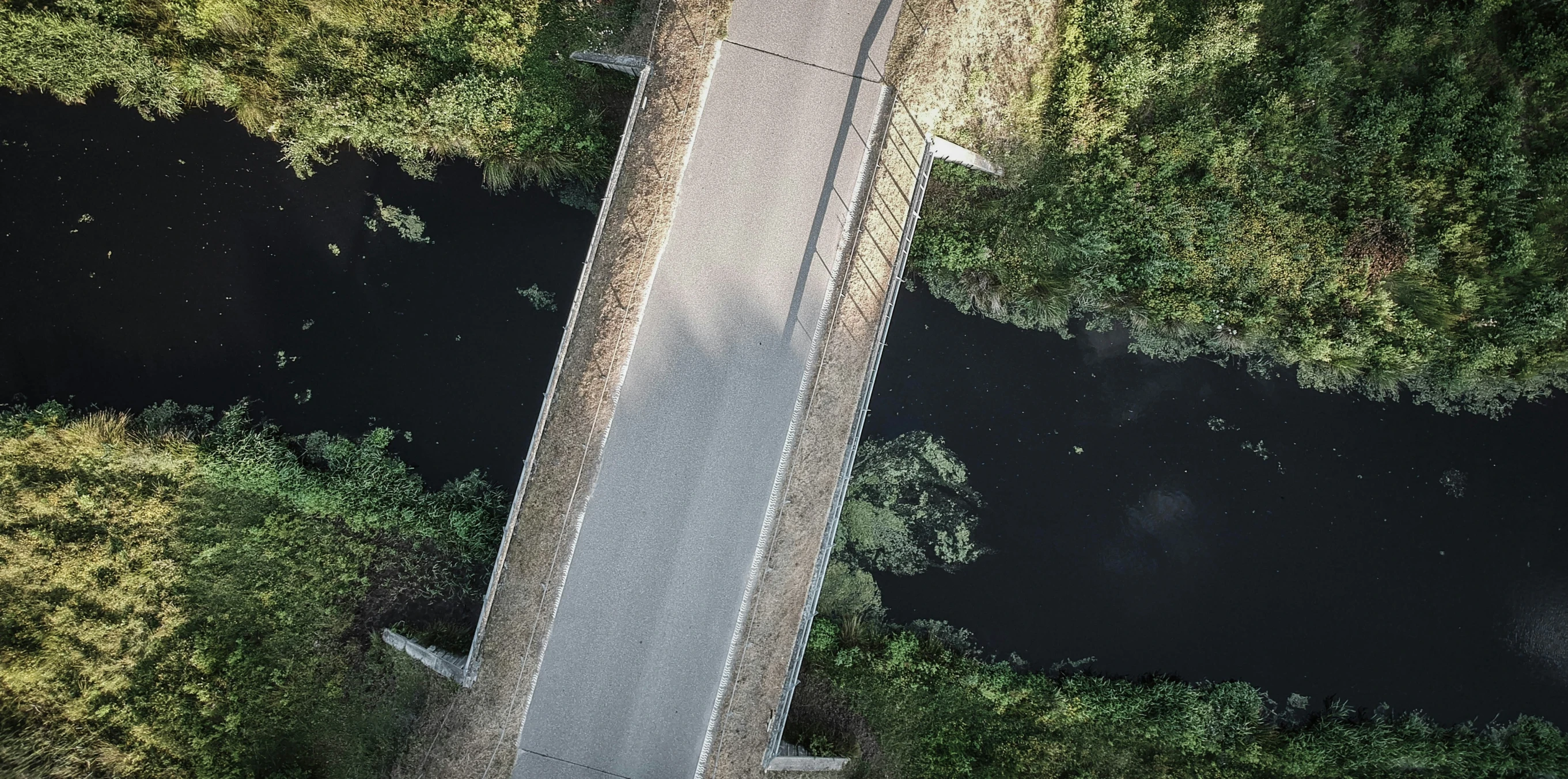 a picture taken from the air looking down at a path leading into water and trees