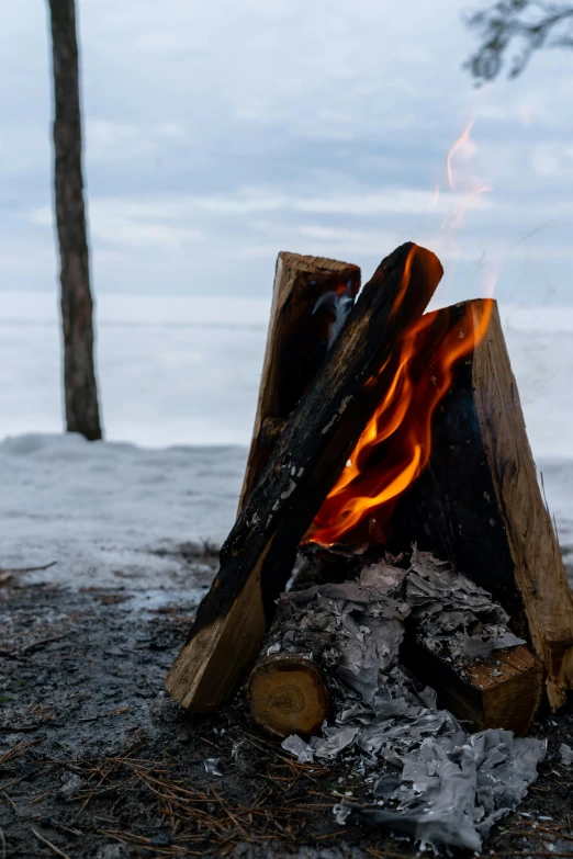 an open fire sitting next to two wooden logs