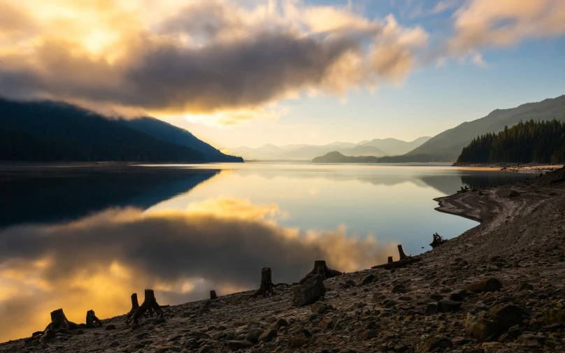 a mountain lake filled with lots of rocks