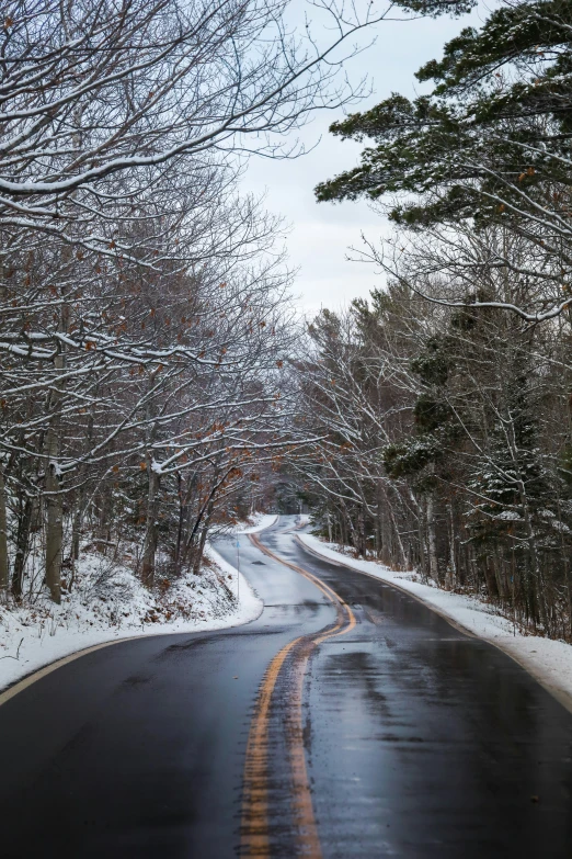 snow has covered the roads in this winter scene