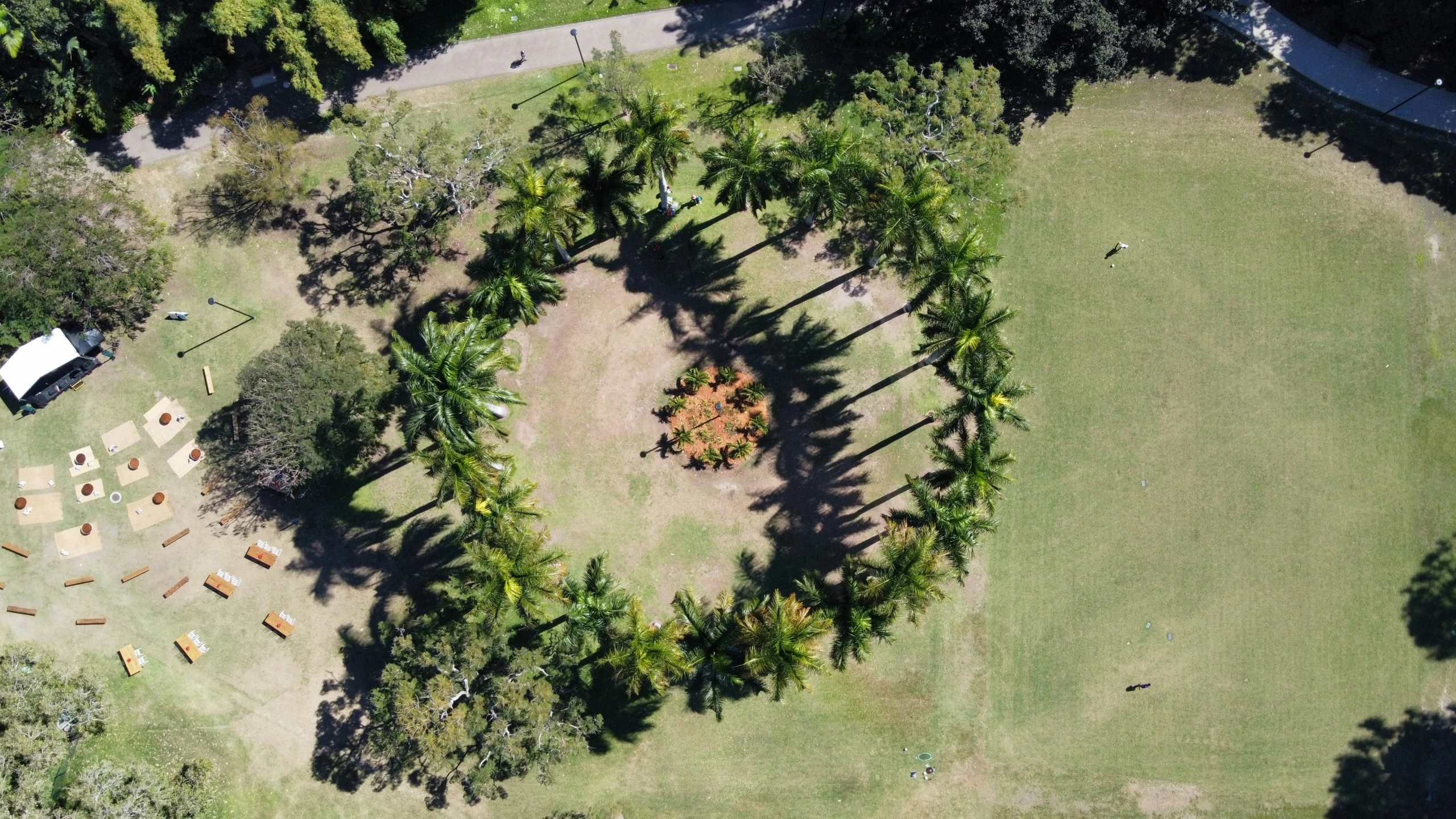 an aerial view of a field with trees, animals and a dog house