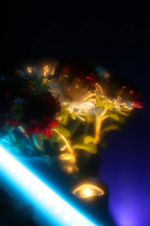 a colorful flower arrangement with an extremely long light