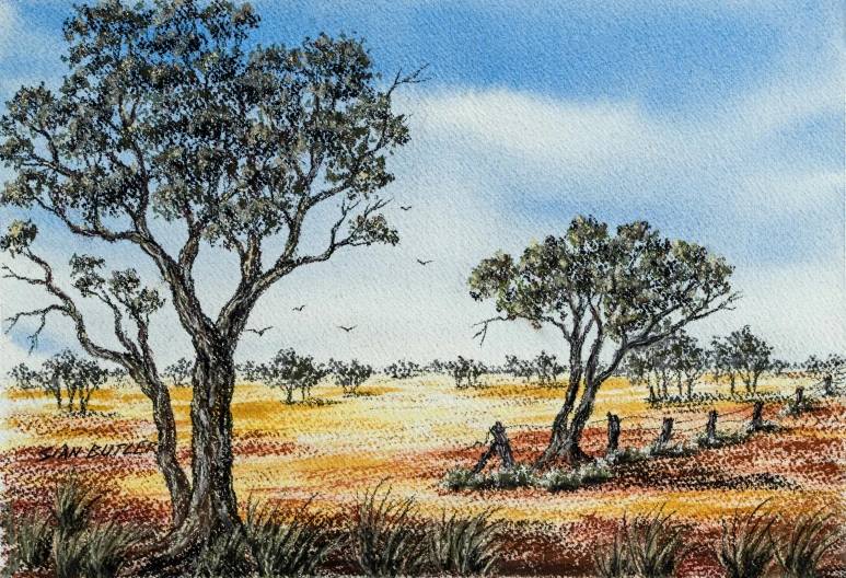 a drawing of a tree that is near a field