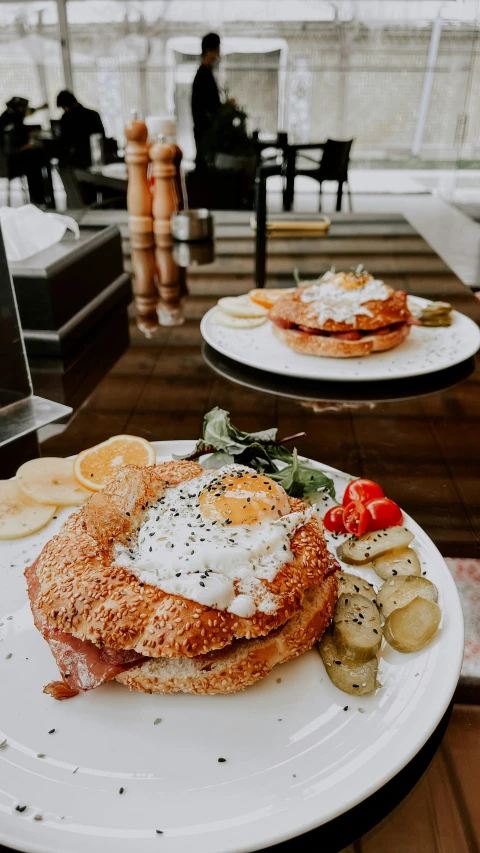 a plate with toast, egg and potato salad