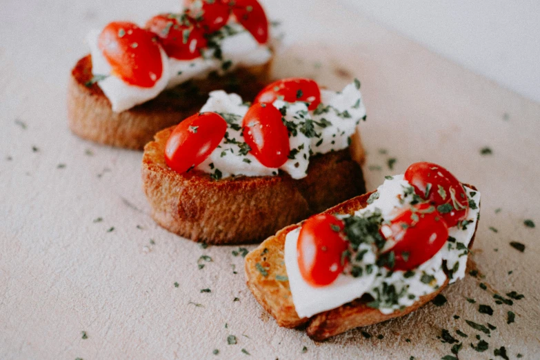 small crostini with tomatoes and herbs on a bread slice