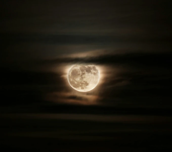 a bright moon shining behind clouds in a dark sky