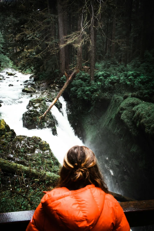 a person is looking at a waterfall in the woods