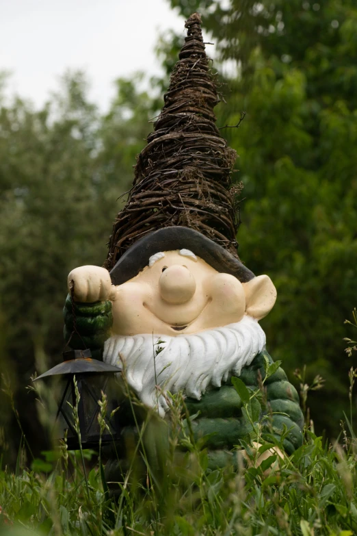 a small gnome sitting in a grassy area