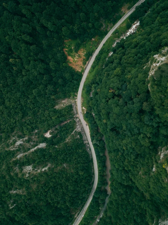 a curved road running through some very green hills