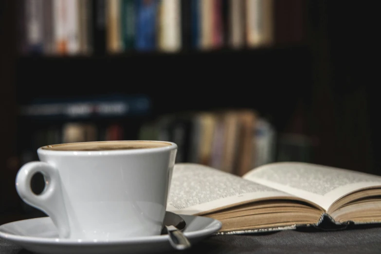 a cup of coffee and a book are on a table