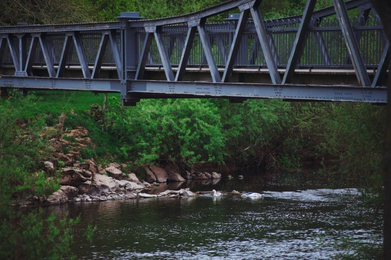 a metal bridge over a body of water