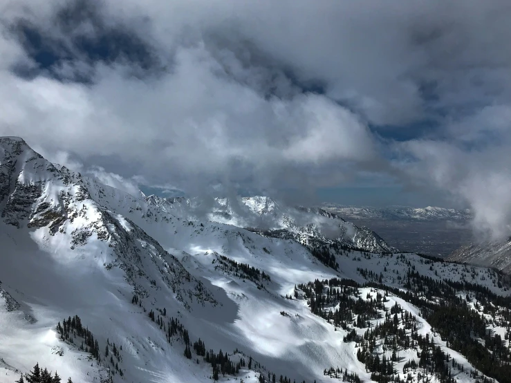 a very snowy mountain top with many trees