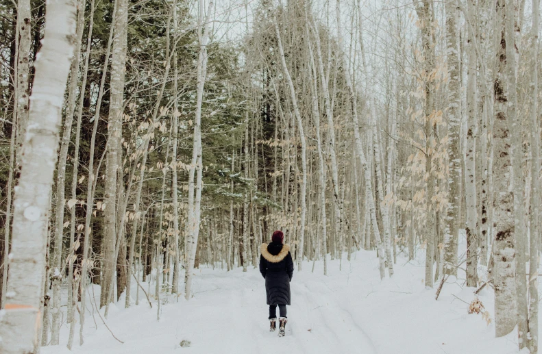 a woman is standing in the snow through trees