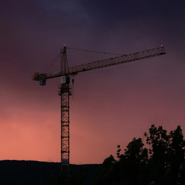 a crane is lit up at night and some trees are silhouetted