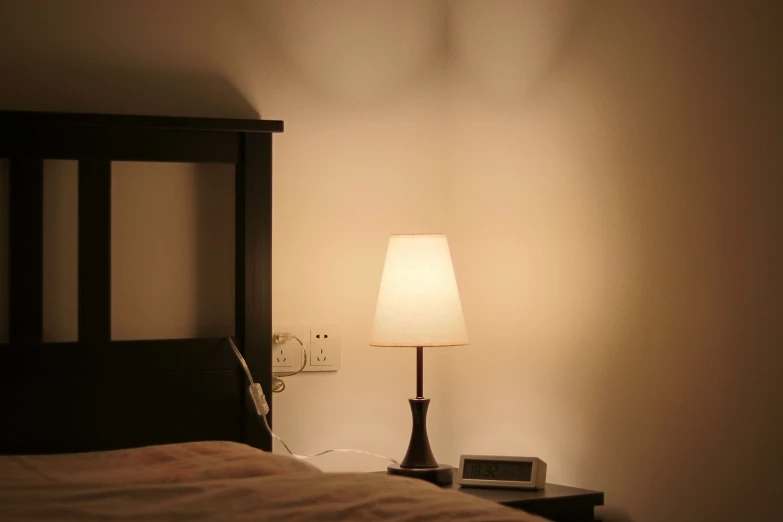 this is a small lamp next to the bed