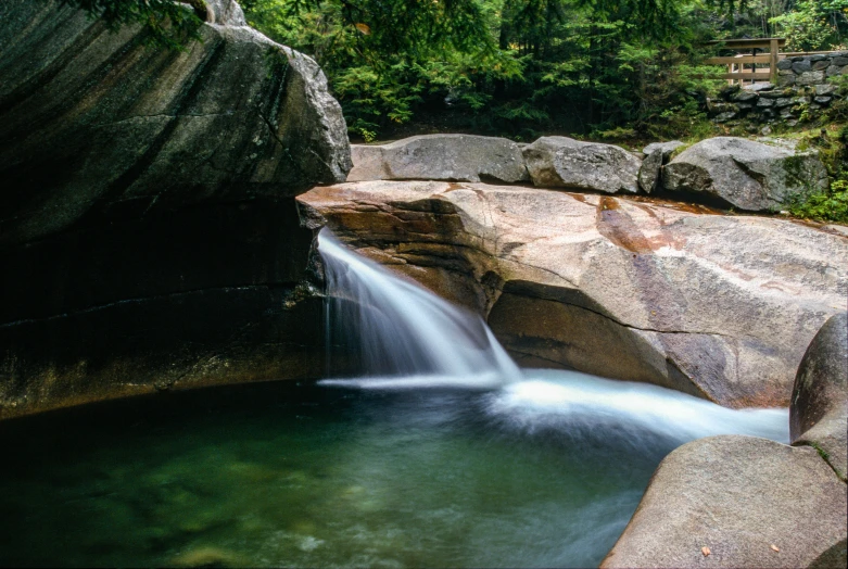 a beautiful stream flowing into the jungle with large rocks and greenery