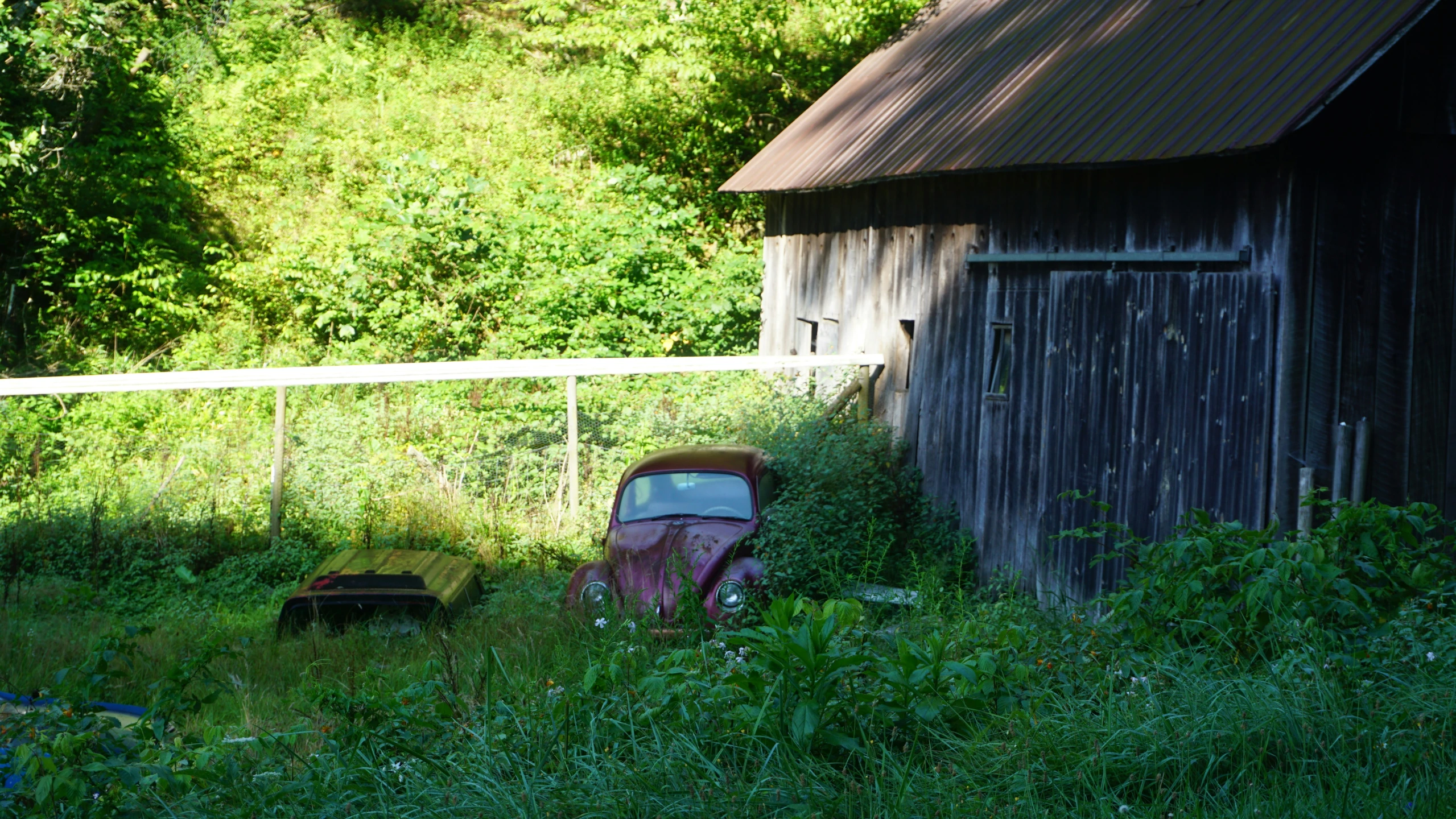 an old barn and broken car in overgrown field