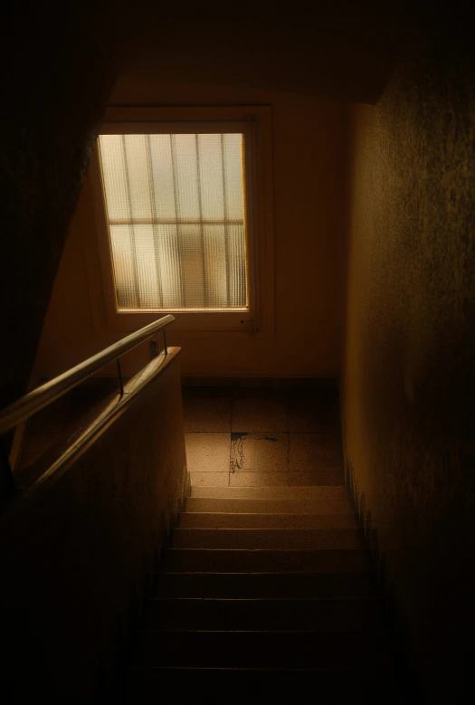 an escalator leading up to a window at night