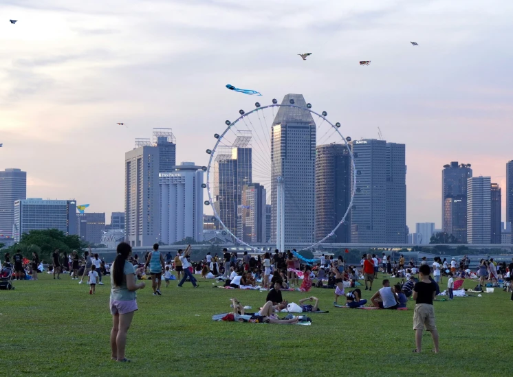 a crowded park in front of large buildings and ferris wheel