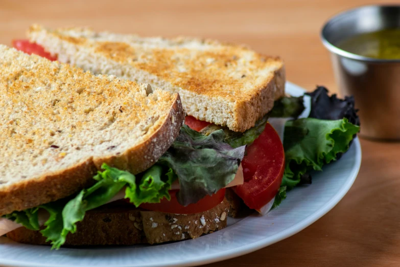 the sandwich is cut in half and ready to eat